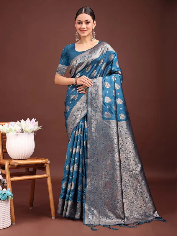 Steel_Blue_Soft_Silk_Silver_Zari_Floral_Saree_For_Women
