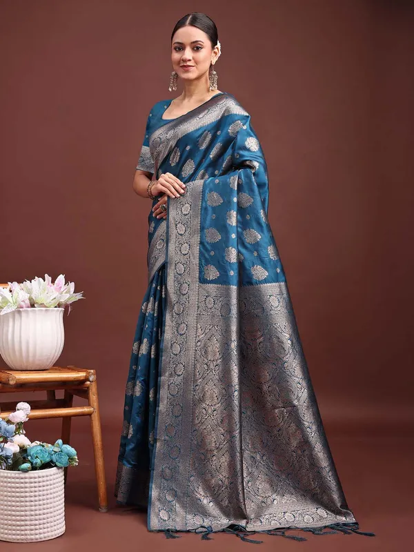 Steel_Blue_Soft_Silk_Silver_Zari_Floral_Saree_For_Women