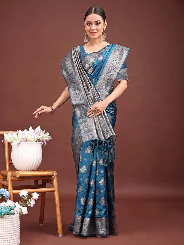 Steel_Blue_Soft_Silk_Silver_Zari_Floral_Saree_For_Women