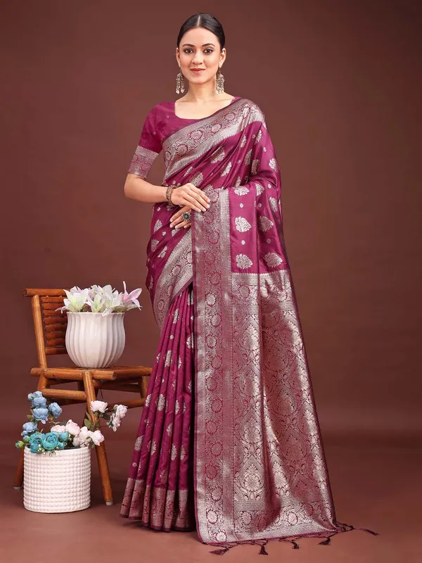 Magenta_Wine_Soft_Silk_Silver_Zari_Woven_Saree_For_Women