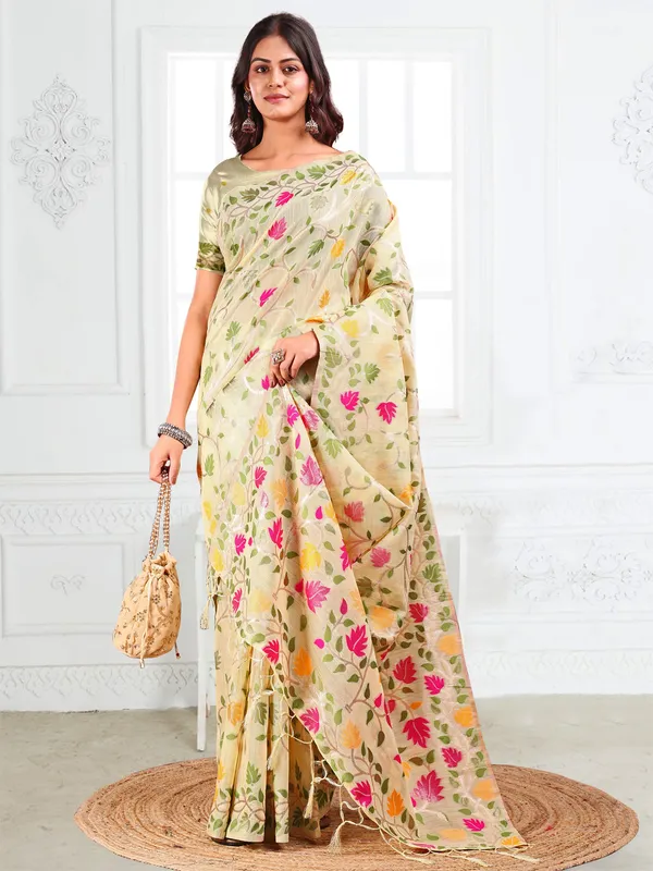 Multicolor_Cream_Linen_Leaf_Printed_Saree_For_Women