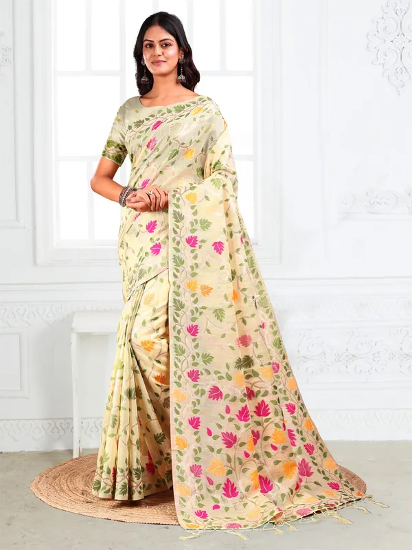 Multicolor_Cream_Linen_Leaf_Printed_Saree_For_Women