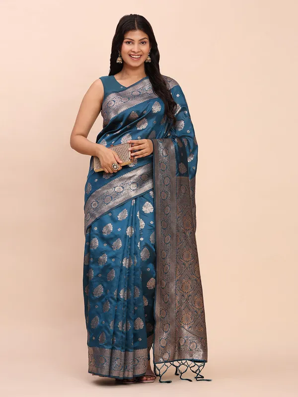 Steel_Blue_Soft_Silk_Silver_Zari_Floral_Motif_Saree_For_Women