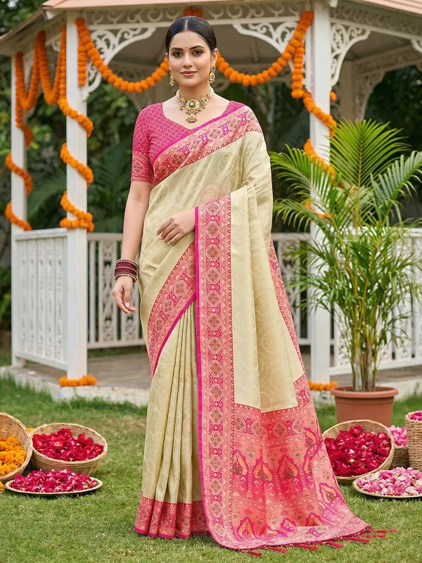 Cream_Hot_Pink_Soft_Silk_Kanjivaram_Style_Zari_Saree_For_Women
