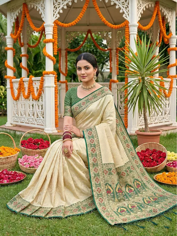 Cream_Green_Kanjivaram_Soft_Silk_Zari_Border_Saree_For_Women