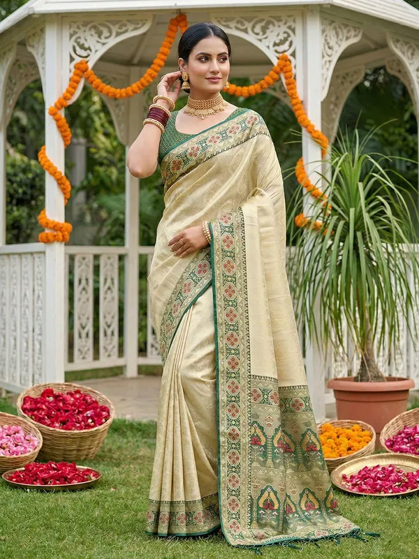 Cream_Green_Kanjivaram_Soft_Silk_Zari_Border_Saree_For_Women