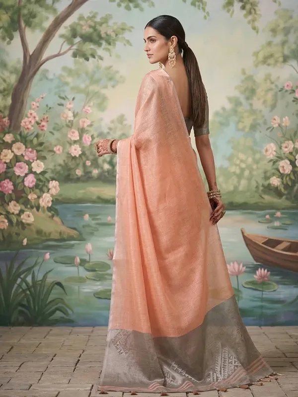 Peach_Tissue_Silk_Woven_Festive_Saree_For_Women