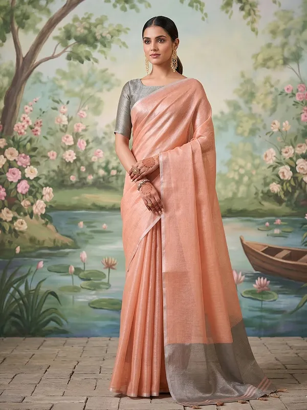 Peach_Tissue_Silk_Woven_Festive_Saree_For_Women