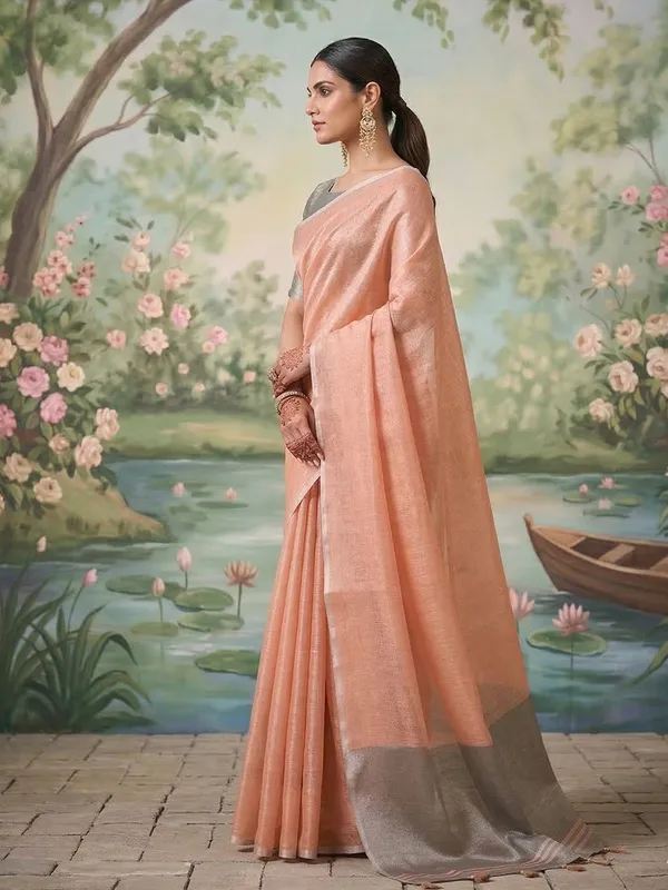 Peach_Tissue_Silk_Woven_Festive_Saree_For_Women