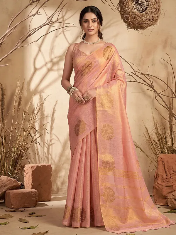 Peach_Tissue_Silk_Woven_Saree_For_Women