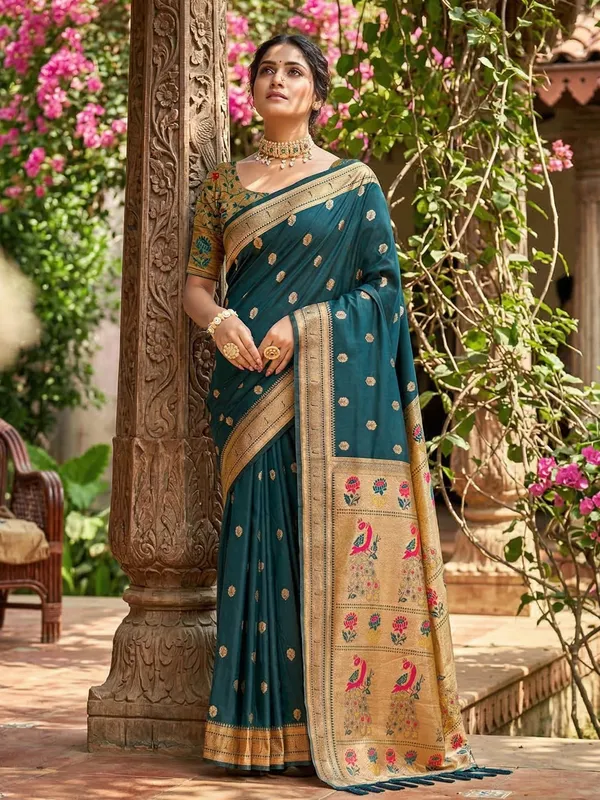 Dark_Teal_Paithani_Soft_Silk_Woven_Saree_For_Women