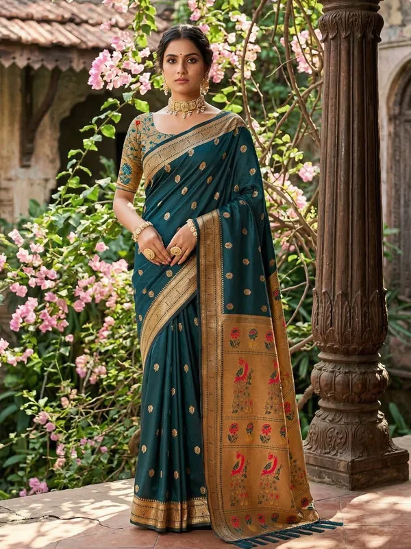 Dark_Teal_Paithani_Soft_Silk_Woven_Saree_For_Women