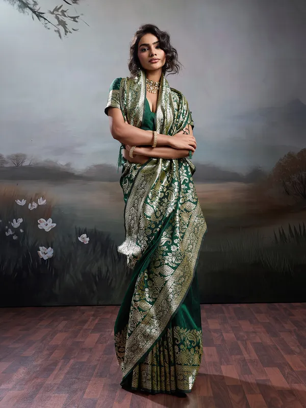 Dark_Green_Banarasi_Silk_Woven_Saree_For_Women