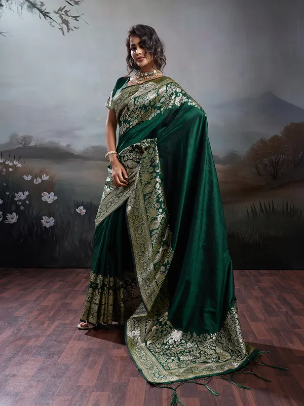 Dark_Green_Banarasi_Silk_Woven_Saree_For_Women