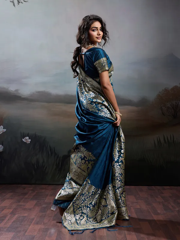 Navy_Blue_Banarasi_Silk_Woven_Festive_Wedding_Saree_For_Women