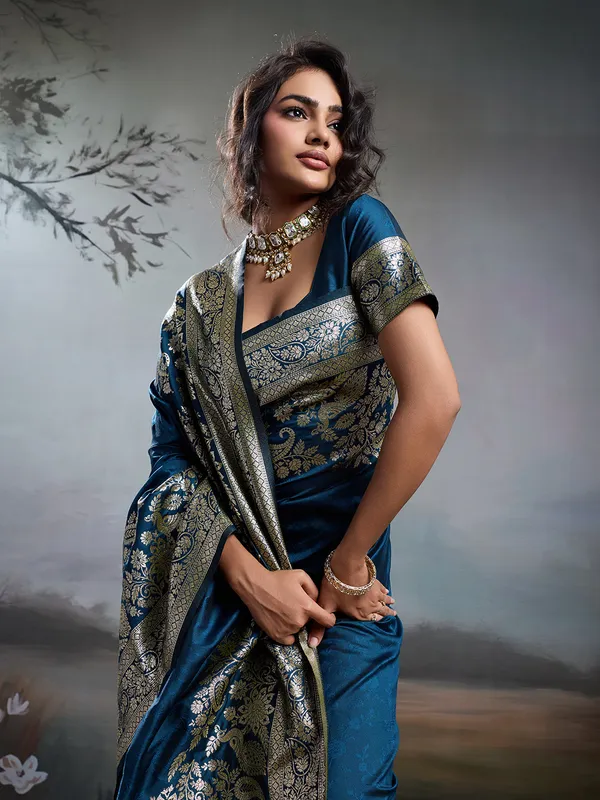 Navy_Blue_Banarasi_Silk_Woven_Festive_Wedding_Saree_For_Women