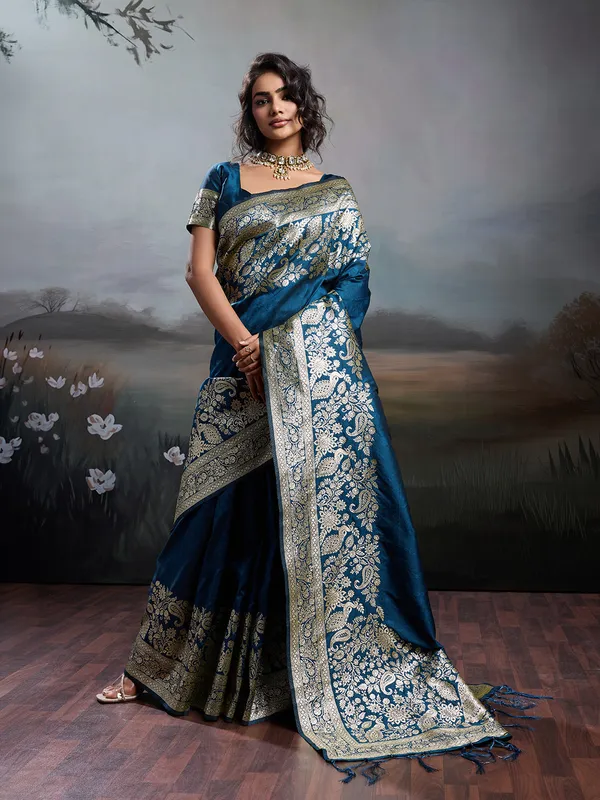 Navy_Blue_Banarasi_Silk_Woven_Festive_Wedding_Saree_For_Women