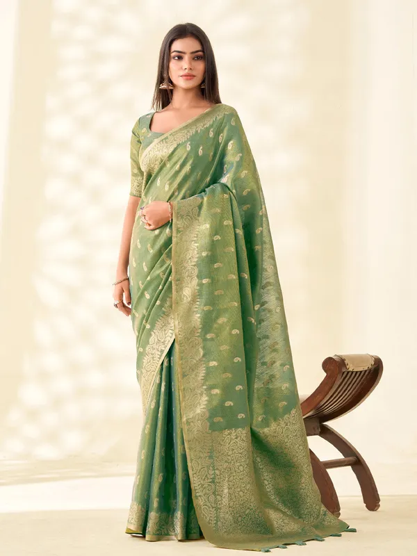 Green_Banarasi_Tissue_Silk_Zari_Paisley_Woven_Saree_For_Women