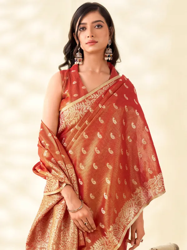 Rust_Red_Banarasi_Tissue_Silk_Zari_Woven_Saree_For_Women
