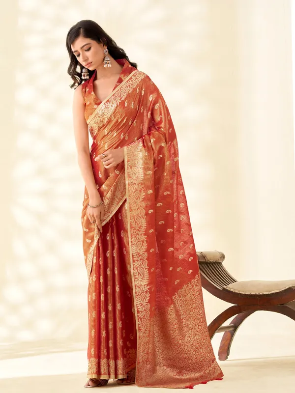 Rust_Red_Banarasi_Tissue_Silk_Zari_Woven_Saree_For_Women