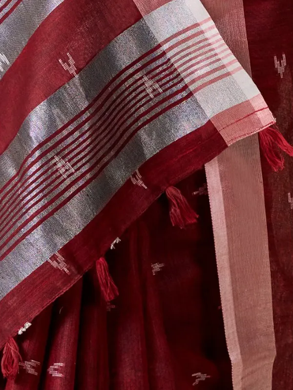 Maroon_Linen_Woven_Silver_Zari_Border_Saree_For_Women