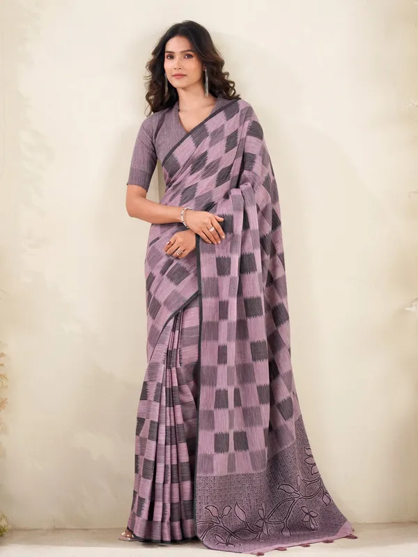 Mauve_Blue_Linen_Checked_Floral_Pallu_Saree_For_Women