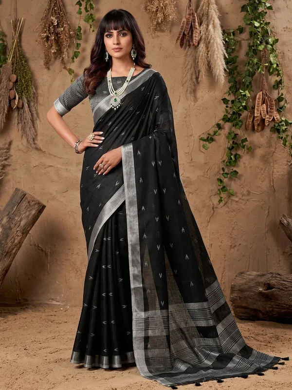 Black_Linen_Woven_Silver_Zari_Border_Saree_For_Women