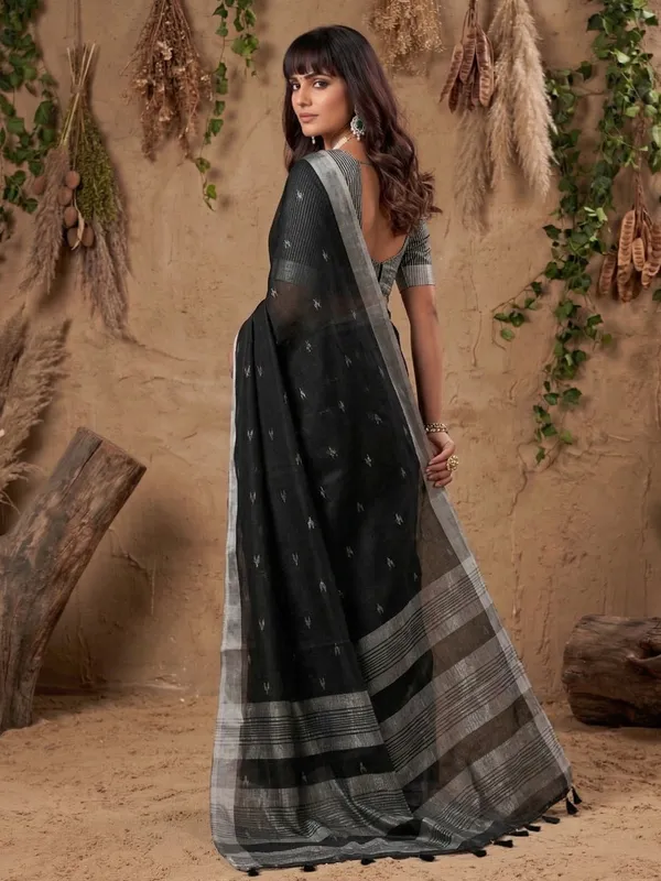 Black_Linen_Woven_Silver_Zari_Border_Saree_For_Women