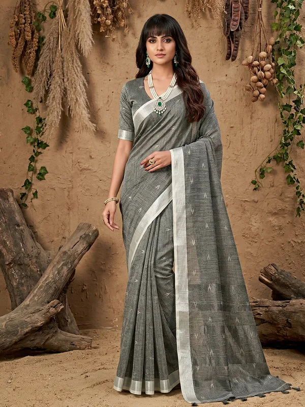 Grey_Linen_Silver_Zari_Woven_Saree_For_Women