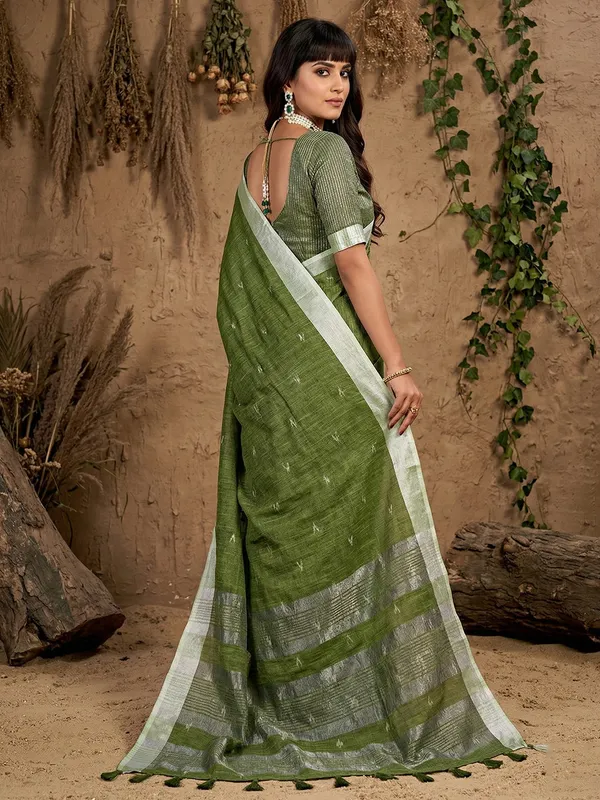 Olive_Green_Linen_Woven_Silver_Zari_Border_Saree_For_Women