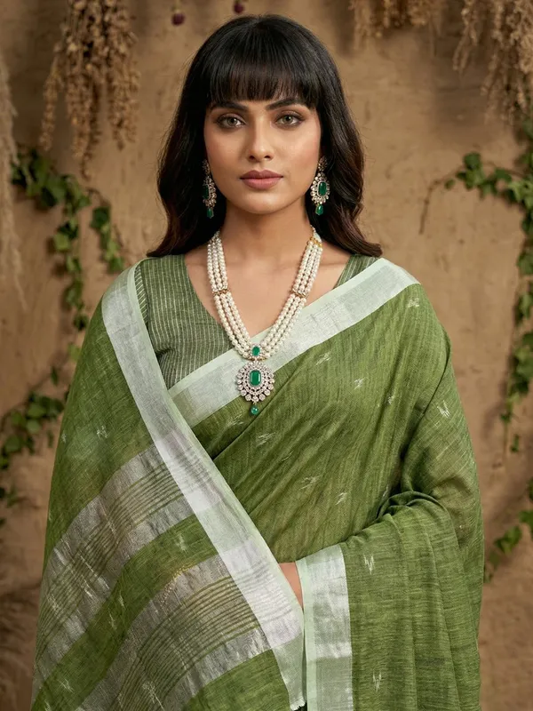 Olive_Green_Linen_Woven_Silver_Zari_Border_Saree_For_Women