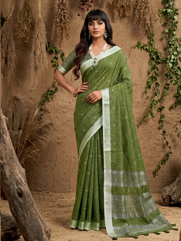Olive_Green_Linen_Woven_Silver_Zari_Border_Saree_For_Women