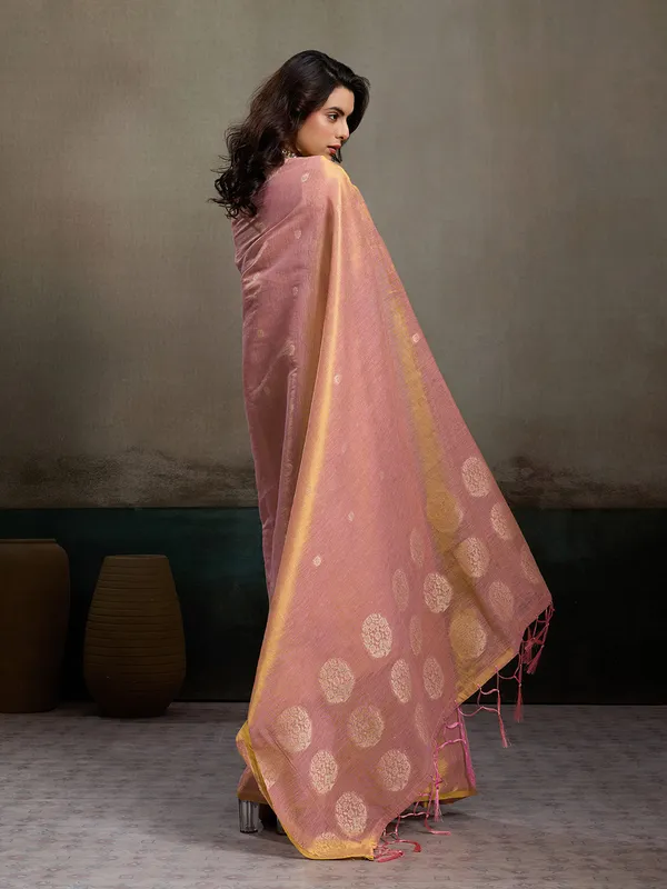 Peach_Gold_Tissue_Silk_Zari_Mandala_Motif_Saree_For_Women