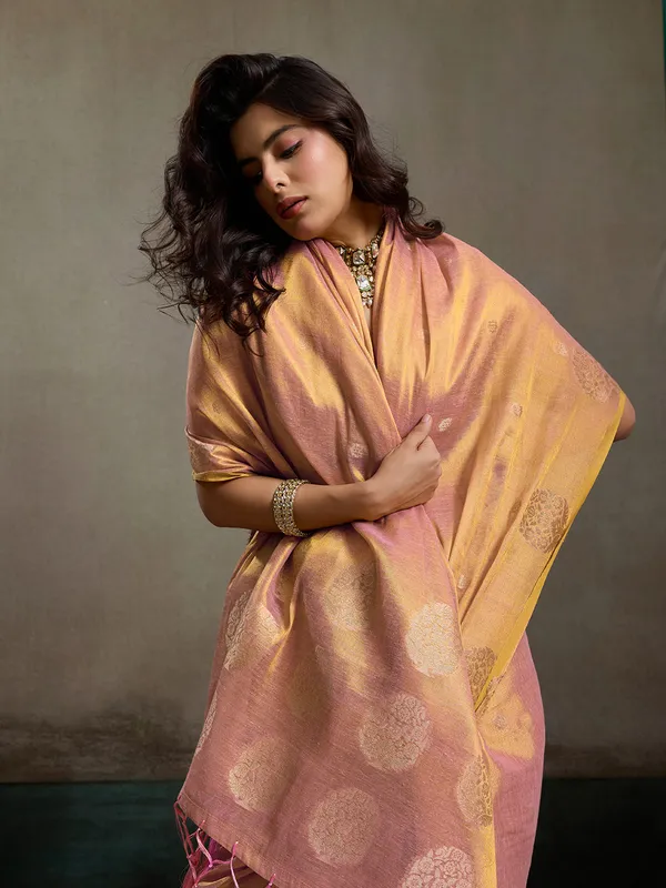 Peach_Gold_Tissue_Silk_Zari_Mandala_Motif_Saree_For_Women