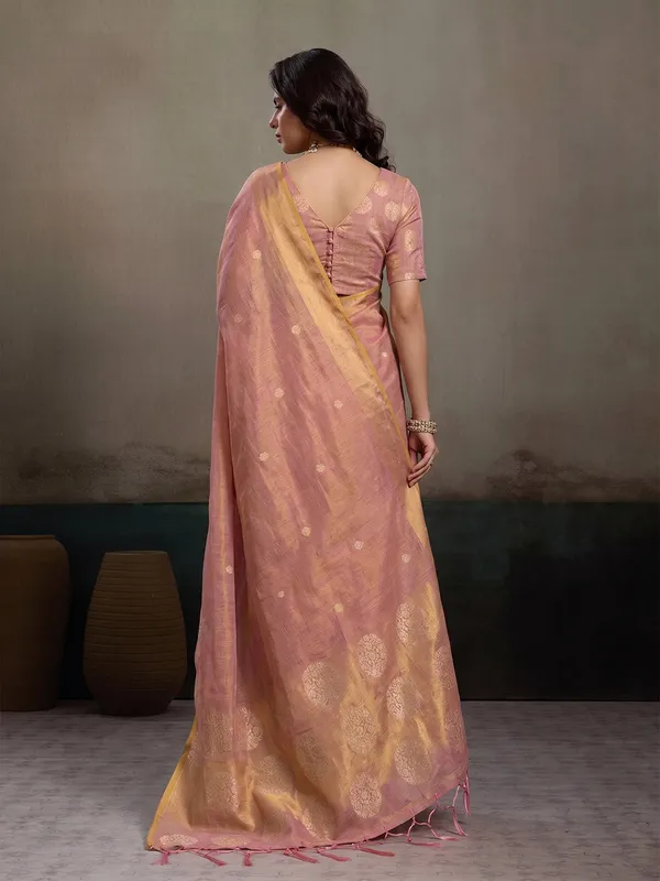 Peach_Gold_Tissue_Silk_Zari_Mandala_Motif_Saree_For_Women
