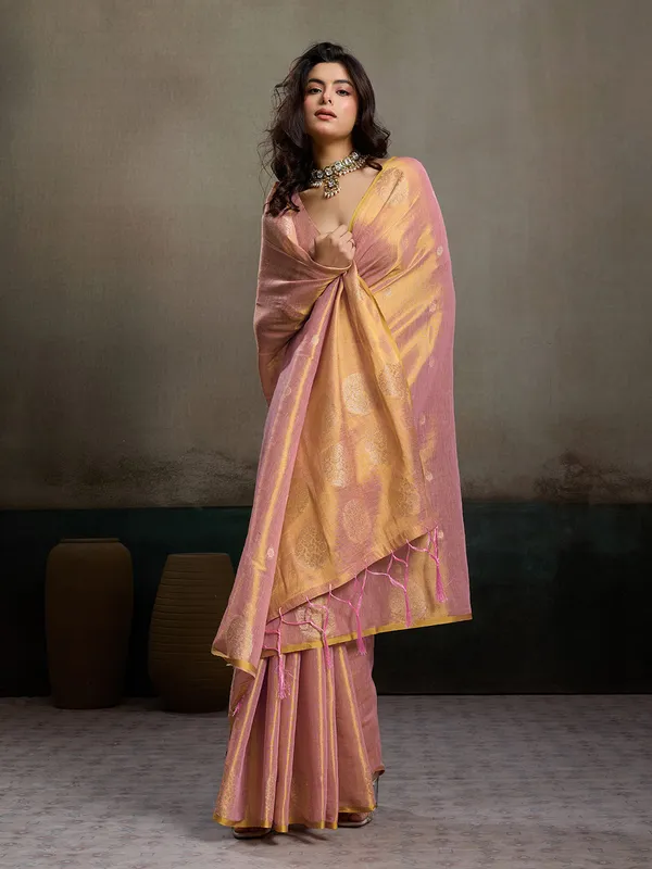 Peach_Gold_Tissue_Silk_Zari_Mandala_Motif_Saree_For_Women