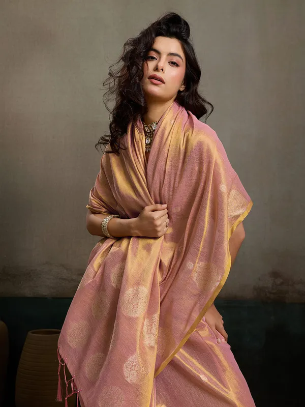 Peach_Gold_Tissue_Silk_Zari_Mandala_Motif_Saree_For_Women