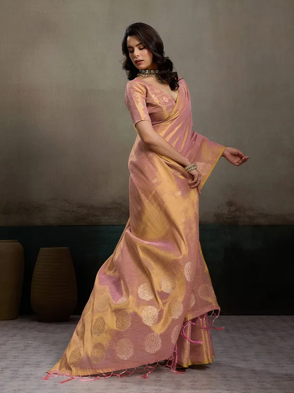 Peach_Gold_Tissue_Silk_Zari_Mandala_Motif_Saree_For_Women