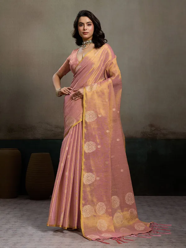 Peach_Gold_Tissue_Silk_Zari_Mandala_Motif_Saree_For_Women