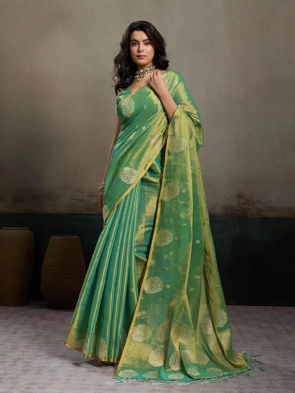 Sea_Green_Tissue_Silk_Gold_Zari_Mandala_Motif_Saree_For_Women