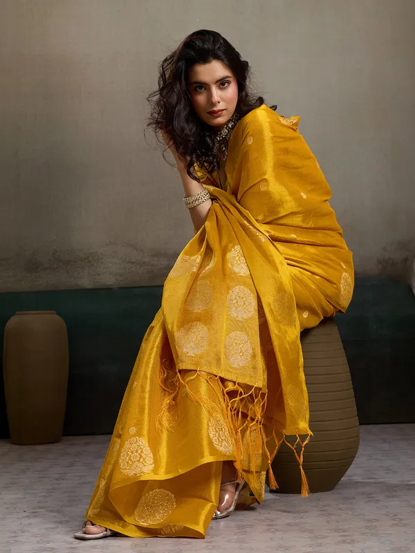 Mustard_Yellow_Tissue_Silk_Zari_Mandala_Motif_Saree_For_Women