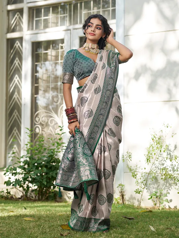 Beige_Dark_Green_Banarasi_Silk_Zari_Woven_Border_Saree_For_Women
