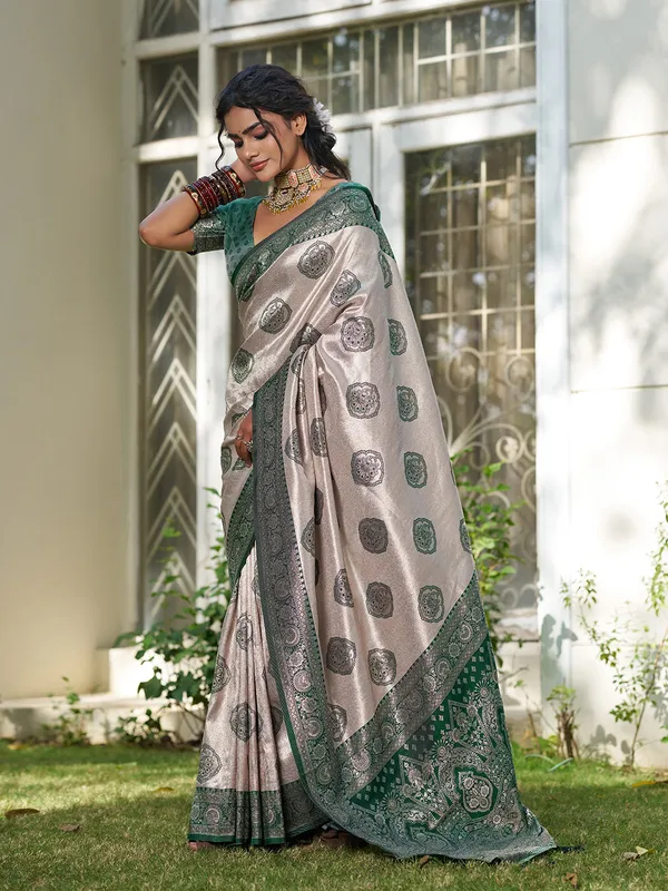 Beige_Dark_Green_Banarasi_Silk_Zari_Woven_Border_Saree_For_Women