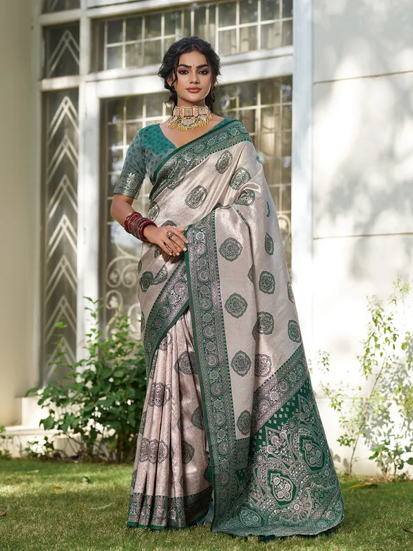 Beige_Dark_Green_Banarasi_Silk_Zari_Woven_Border_Saree_For_Women