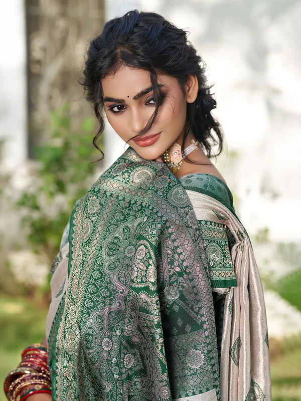 Beige_Dark_Green_Banarasi_Silk_Zari_Woven_Border_Saree_For_Women