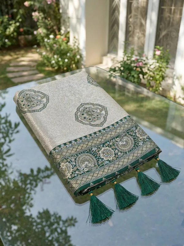 Beige_Dark_Green_Banarasi_Silk_Zari_Woven_Border_Saree_For_Women