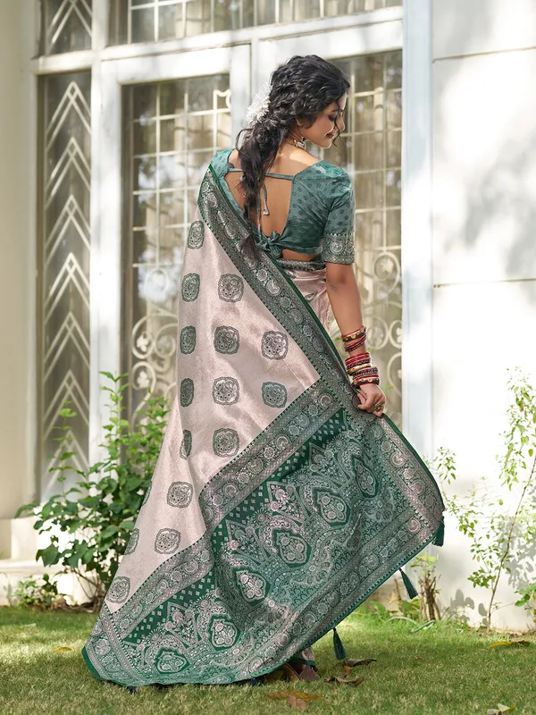 Beige_Dark_Green_Banarasi_Silk_Zari_Woven_Border_Saree_For_Women