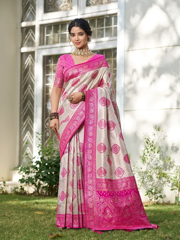 Beige_Rani_Pink_Banarasi_Silk_Zari_Woven_Border_Saree_For_Women
