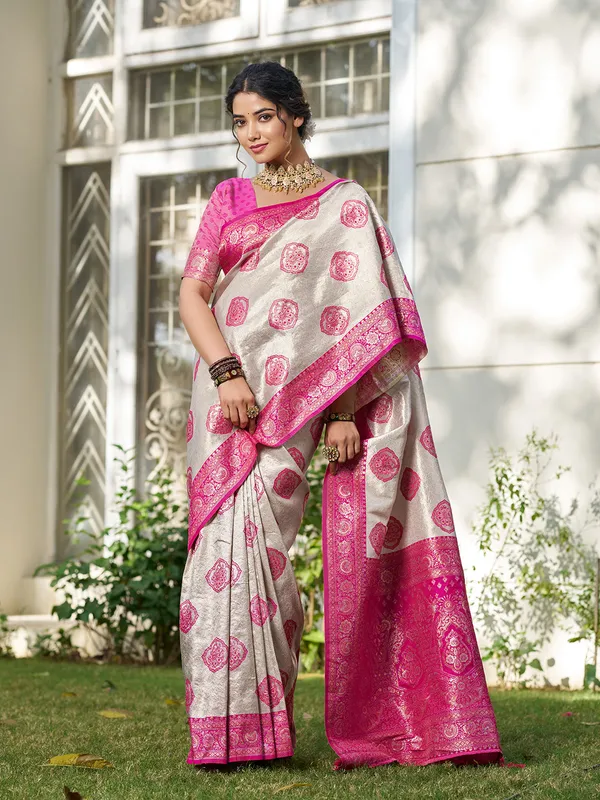 Beige_Rani_Pink_Banarasi_Silk_Zari_Woven_Border_Saree_For_Women