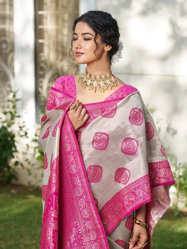 Beige_Rani_Pink_Banarasi_Silk_Zari_Woven_Border_Saree_For_Women